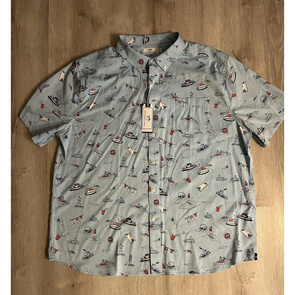 NWT Southern Tide Intercoastal Short Sleeve Button Up Blue Boat Party Print XXL